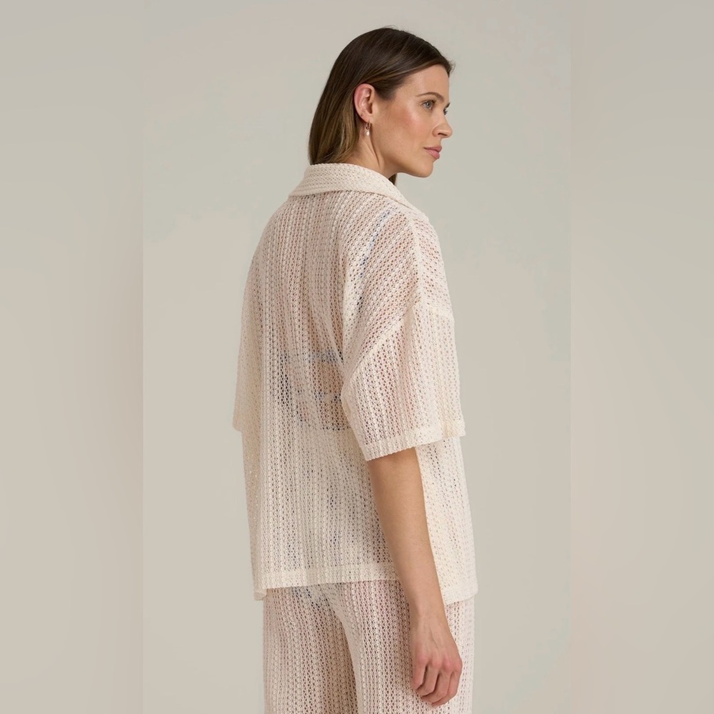 American Tall Openwork Loose Knit short Sleeve  Top natural Cream S Button down - Picture 3 of 8